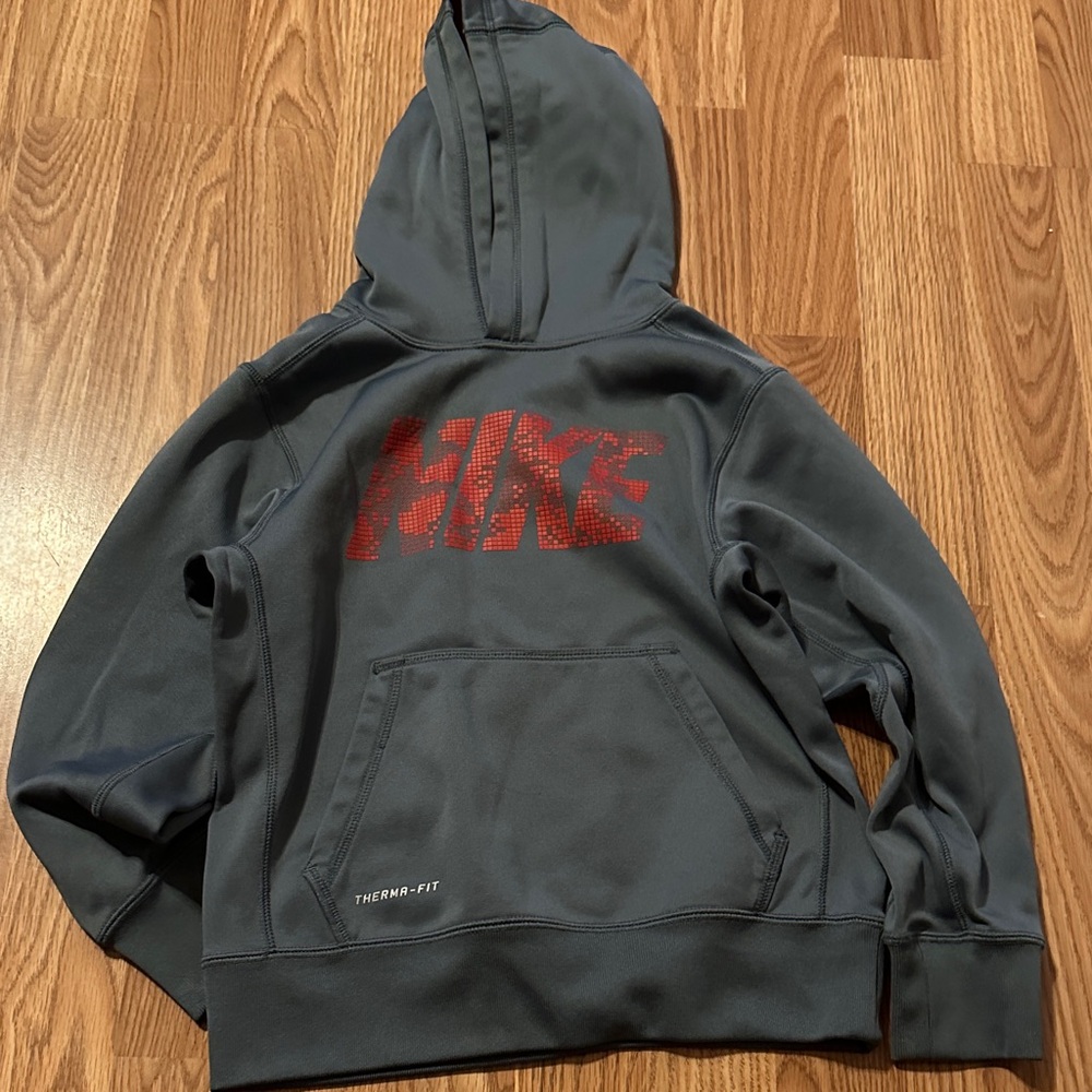 Nike Kids Dark Gray Hoodie with Red Logo